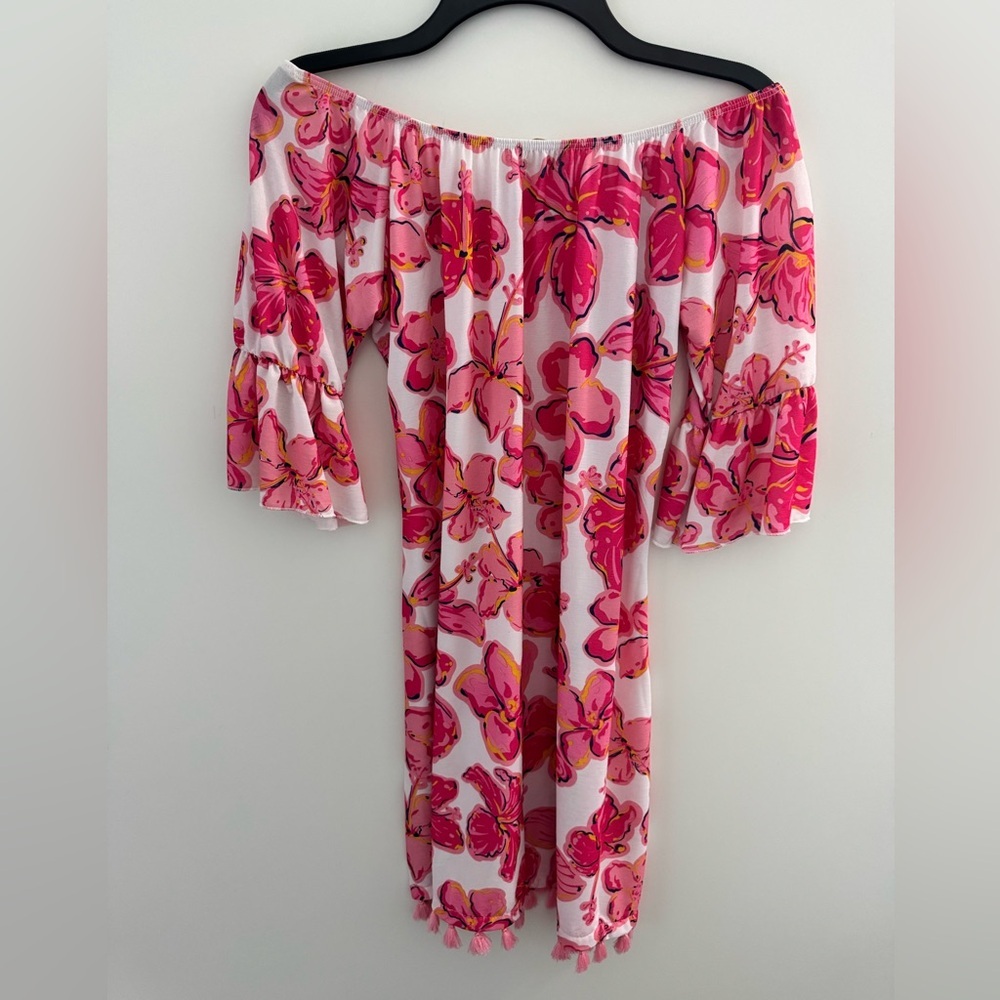 Simply Southern Pink off the shoulder Dress with Vibrant Hibiscus Floral Pattern - Picture 3 of 10